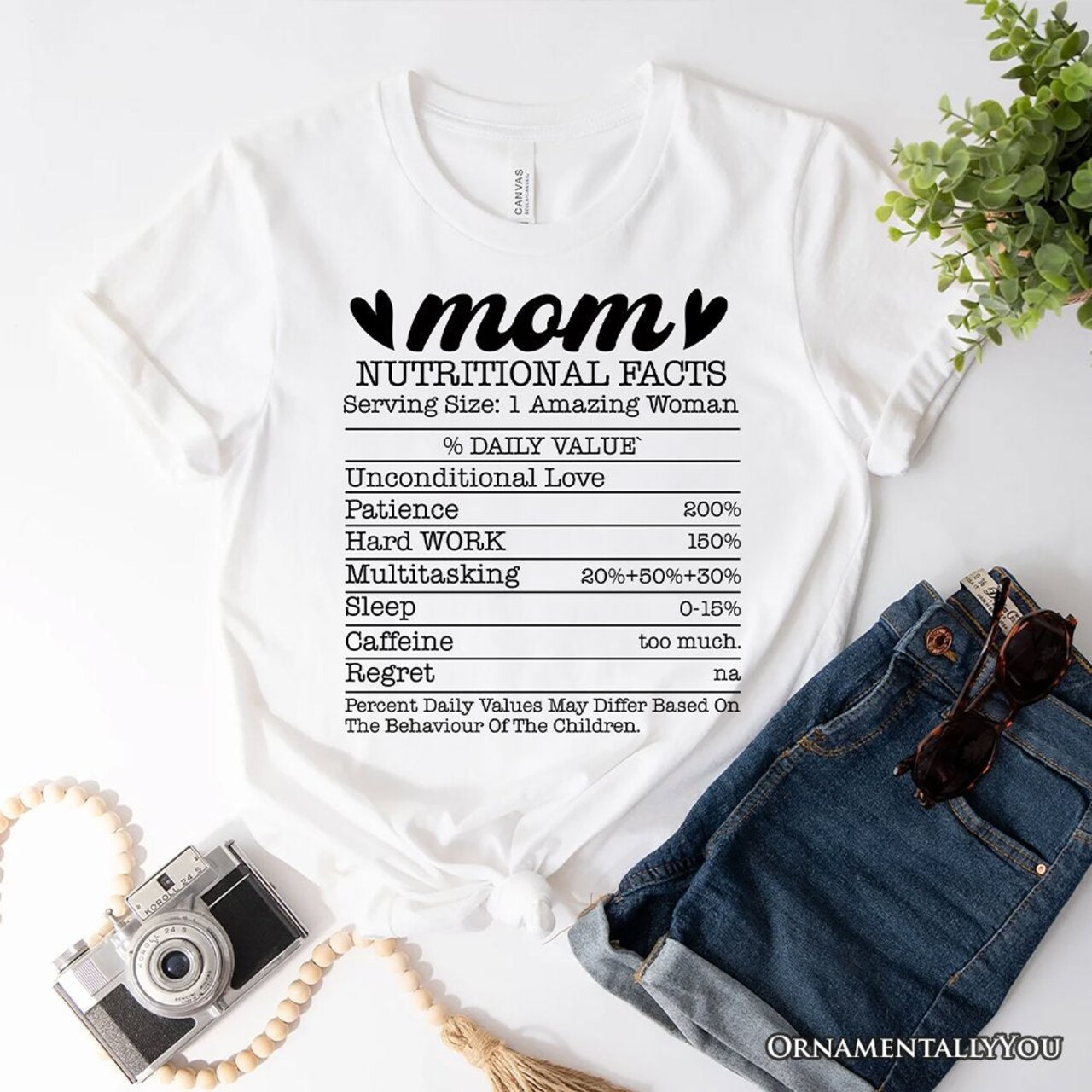 Mom Nutritional Facts Funny T-Shirt, White and Natural Mom Life Tee for Exhausted and Caffeinated Mothers
